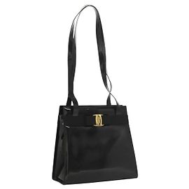 Borsa a spalla Vala Salvatore Ferragamo in pelle verniciata nera e oro Auth gh016