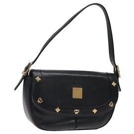 Bolsa de Ombro MCM em Couro Preto Dourado Auth 124398