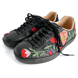 Sneakers in pelle a righe ricamate con fiori Ace 40 Nero - Gucci