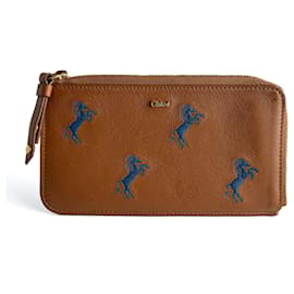 Chloé Little Horses Embroidered Medium Calfskin Leather Cards Holder Brown