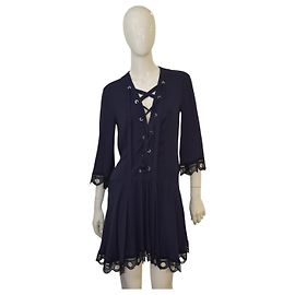 Vestido mini de algodón azul Dondup con lazo cruzado y detalle de encaje