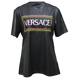 Camiseta de poliéster negro con estampado de logo Versace