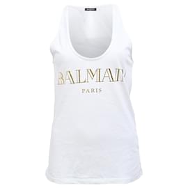 Camiseta sin mangas de algodón blanco con logo de Balmain impreso