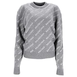 Grau Wollpullover mit Balenciaga-Logo über die gesamte Fläche