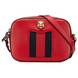Gucci Rote Leder Animalier Web Disco Umhängetasche