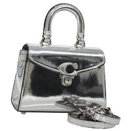 Coach Hand Bag Leather 2way Silver Auth MX335