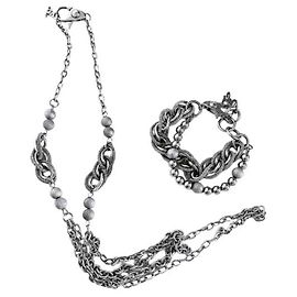 Splendida parure DOLCE & GABBANA in acciaio argento doppia catena ad anelli e palline lucide e diamantate