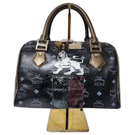 MCM Visetos Lion Princess Boston Handbag Black/Grey/Gold