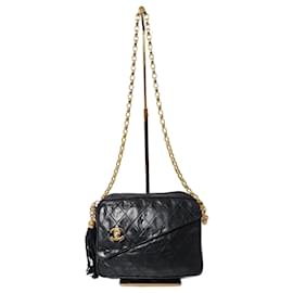 CHANEL Borsa a Spalla Vintage in Pelle di Agnello Trapuntata Nera con Frange - Chanel