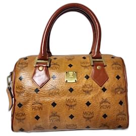MCM Vintage Cognac Visetos Coated Canvas Small Heritage Boston Bag