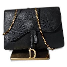 CHRISTIAN DIOR Grained Calfskin Wallet on Chain Black