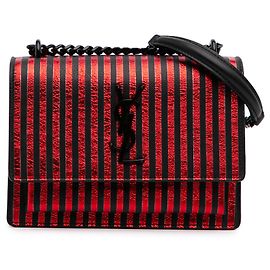 Borsa a tracolla piccola rossa in tela metallica a righe con monogramma Sunset di Saint Laurent