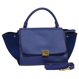 Céline Borsa a mano Trapeze CELINE in pelle scamosciata 2 in 1 blu oro Auth BA2409
