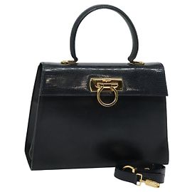 Salvatore Ferragamo Gancini Handtasche Prägung 2-Wege Marineblau Gold Auth 124251