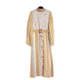 Zimmermann 2021 Vestido FR42 Beige Amarillo Lino Patchwork Vestido de Día UK14 US12 NWT