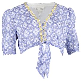 Top corto de lino azul bordado con flores Saloni Jamie - Autre Marque