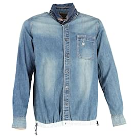 Hellblau gestickte Sacai Dr. Woo Hemd aus Denim mit Grosgrain-Besatz