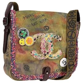 Borsa a spalla CHANEL ricamata graffiti in tela e pelle khaki CC Auth yk18413SM