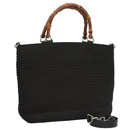 Bolso de mano de lona GUCCI Bamboo 2way Negro Plata 000 1998 0540 Auth BD2082