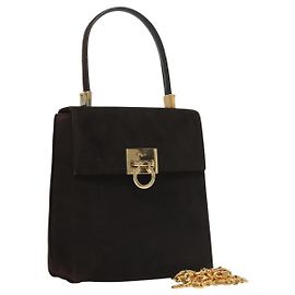 Borsa a mano Gancini in suede Salvatore Ferragamo 2way Nero Oro Auth BA2414