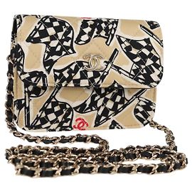 CHANEL Matelassé Bandiera a Scacchi Borsa a Spalla con Catena Nylon Beige CC Auth 125975M