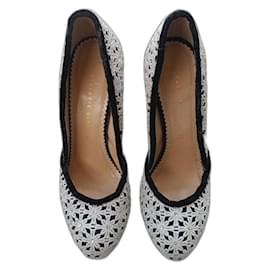 Décolleté Charlotte Olympia in Pizzo Ecru e Velluto Nero
