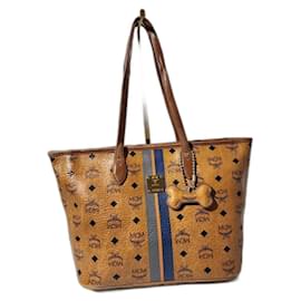 Sac fourre-tout rayé MCM Visetos en cuir cognac