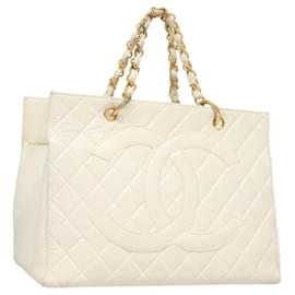 CHANEL Borsa a Mano Matelassé con Catena in Pelle di Caviale Oro Bianco CC Auth bs26565