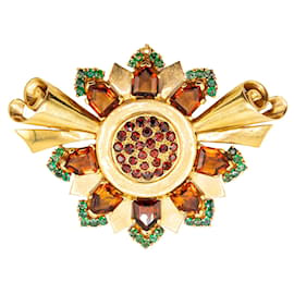 Autre Marque Spilla retrò in oro con accenti di granato ed smeraldo degli anni '60