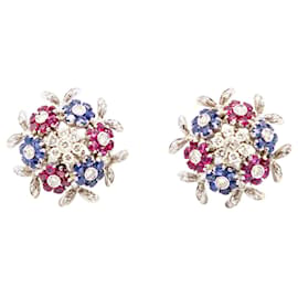 Orecchini a clip floreali in pietre preziose in oro bianco 18K degli anni '60 - Autre Marque