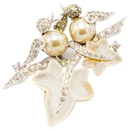 Autre Marque Spilla vintage a forma di uccello e foglia con perle finte e strass