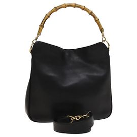 Borsa a mano in pelle GUCCI Bamboo 2 vie nera oro 001 1638 Auth ep9053