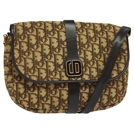 Borsa a spalla in tela Trotter Christian Dior marrone oro Auth 126151