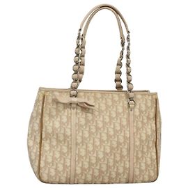 Bolso romántico de lona Trotter Christian Dior en PVC beige plateado auténtico bs26382