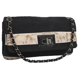 Borsa a spalla con catena CHANEL in nylon nero argento CC Auth 125969