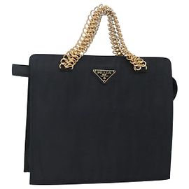 PRADA Borsa a mano in nylon blu navy oro Auth 126301