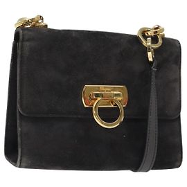 Borsa a Spalla Gancini in Pelle Scamosciata Nera e Oro Salvatore Ferragamo Auth bs26286