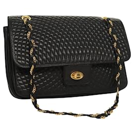 BALLY Ketten-Schultertasche aus schwarzem Leder mit Gold Auth kk524 - Bally