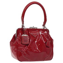 PRADA Borsa a Mano Smalto Rosso Argento Auth BA2814