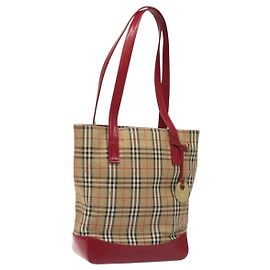 Burberry Nova Check Tote Bag aus Canvas rot beige gold Auth 126393