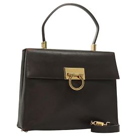 Borsa a mano in pelle Gancini di Salvatore Ferragamo 2 vie marrone oro Auth 128233