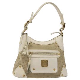 Borsa a spalla in tela MCM Vicetos Logogram beige oro Auth 129427