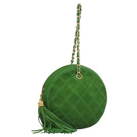 CHANEL Matelassé Kettenhandtasche aus Wildleder 2-Wege Grün Gold CC Auth 127613