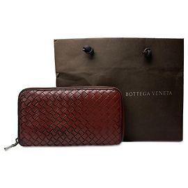 Cartera de cuero Intercciato vintage Bottega Veneta marrón rojo