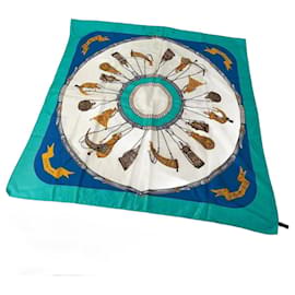 Foulard in seta vintage Celine blu turchese e bianco - Céline
