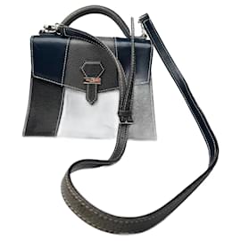 Borsa in pelle vintage Courreges reversibile blu navy e grigio