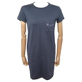 NEUES HERMES T-SHIRT-KLEID MIT BESTICKTER MORS-TASCHE GRÖSSE 36 S AUS NAVY-BLAUEM BAUMWOLLSTOFF - Hermès