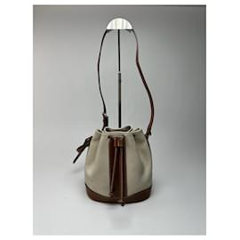 Borsa a secchiello in pelle vintage Courreges bianca e marrone