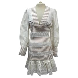 Zimmermann Mini-Kleid aus weißem Leinen mit Häkelbesatz