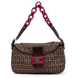Bolso de hombro de cadena de doble solapa en lona Zucchino marrón de Fendi